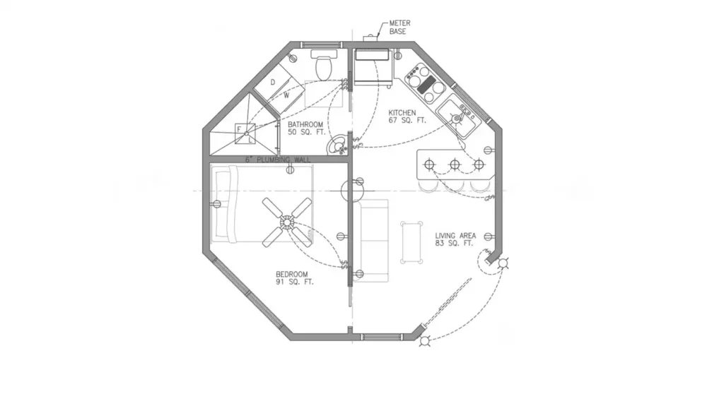 Architectural floor plan of Stanley, the octagonal tiny house on Shellmate Island: 91 sq ft bedroom, 83 sq ft living area, 67 sq ft kitchen and 50 sq ft bathroom