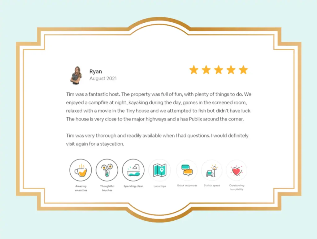 Five-star guest review graphic for Stanley on Shellmate Island describing a fantastic host, campfire at night, kayaking, games in the screened room and a staycation worth repeating