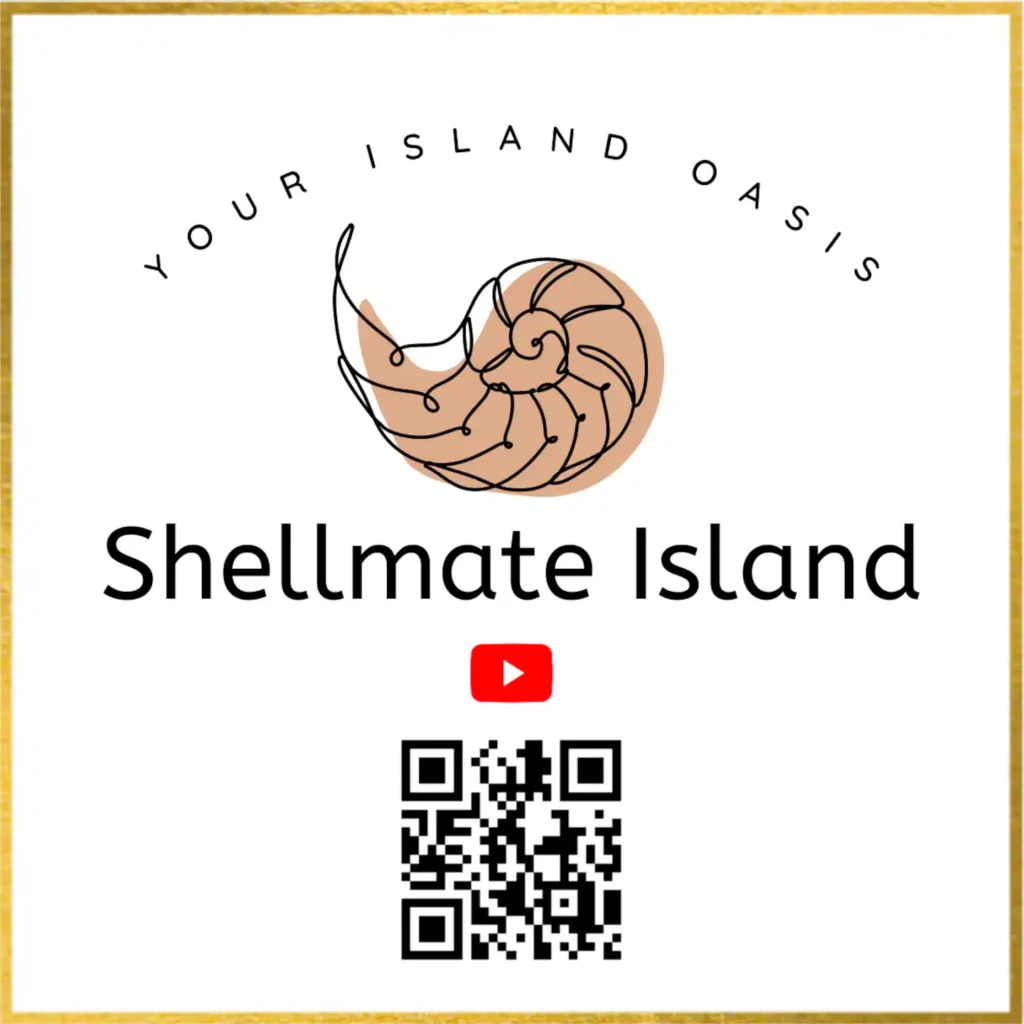 Shellmate Island logo with a nautilus shell illustration, the words Your Island Oasis, a YouTube icon and a QR code