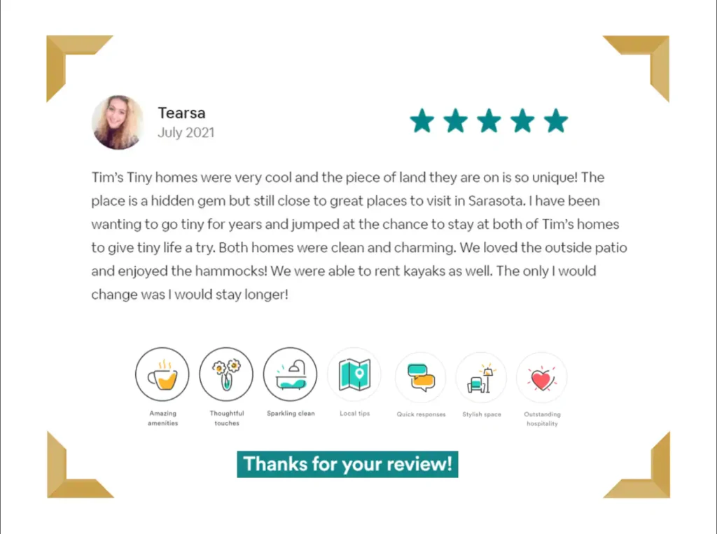 Five-star guest review graphic for Tiffany The Tiny Home and Shellmate Island describing the tiny homes as cool, clean and charming with a great outside patio
