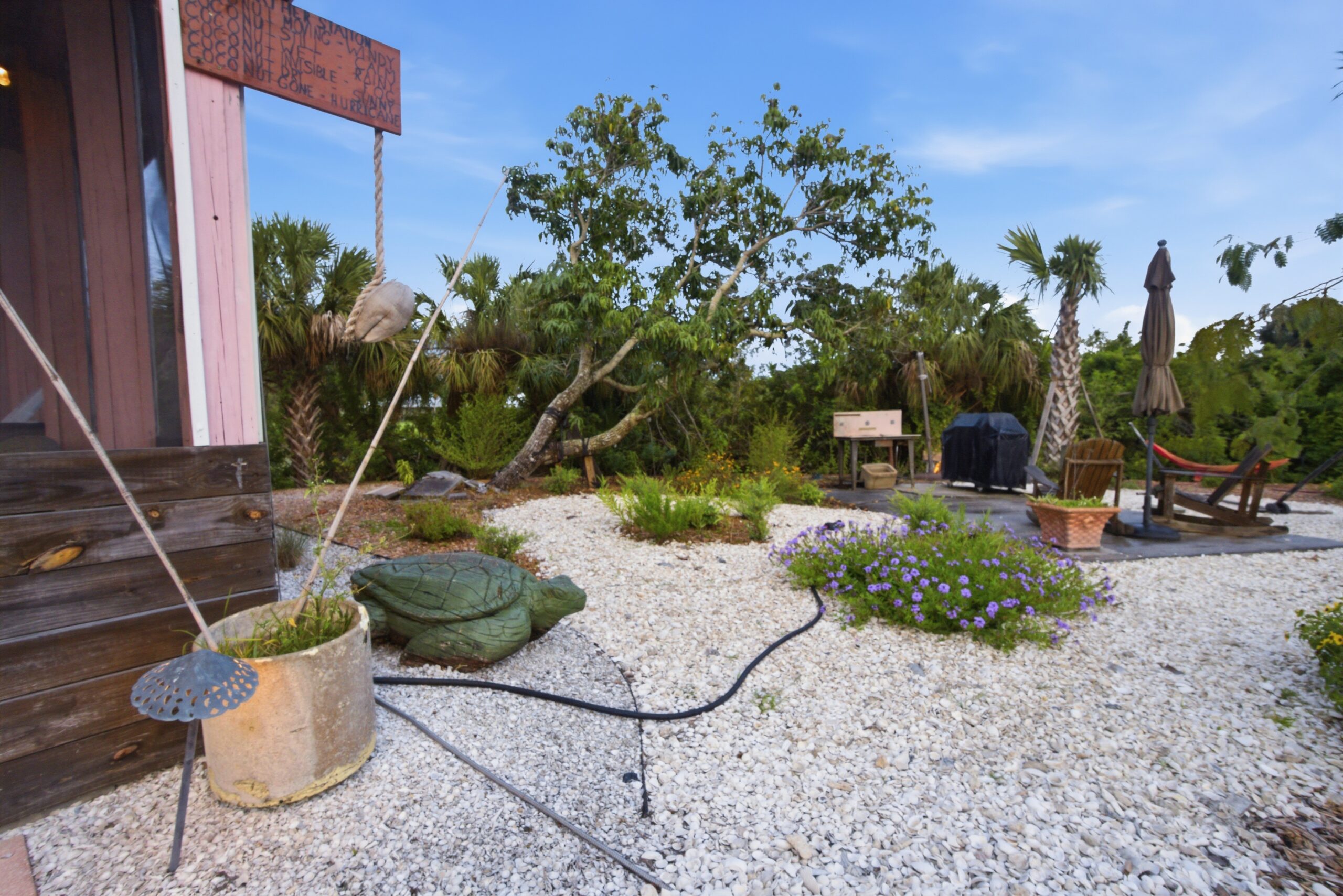 Shellmate Island tiny house retreat in Sarasota, Florida — screened-in communal lounge with pink hammock between sabal palms, white shell gravel pathways, and native butterfly garden plantings including beach sunflowers and muhly grass.